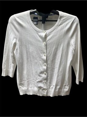 Classic White Button Front Cardigan, with Dragonfly, L